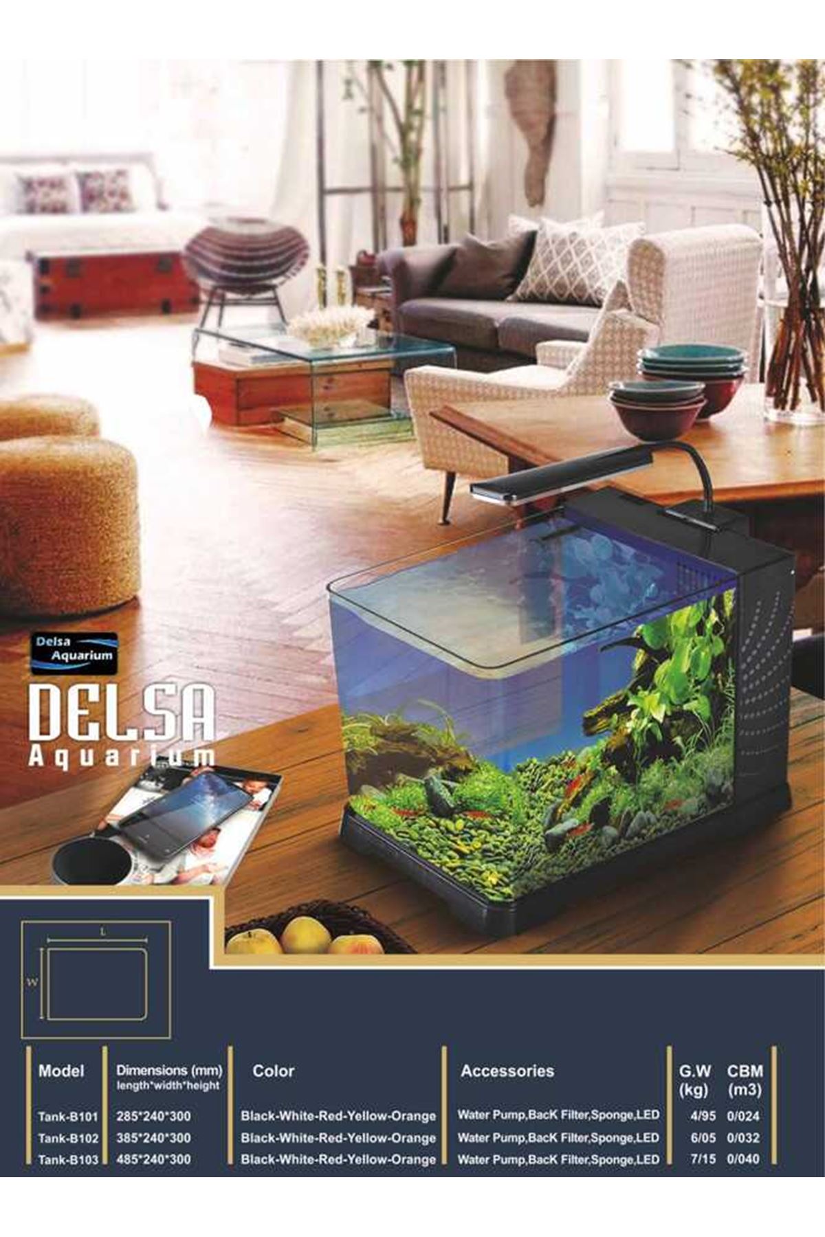 Akvaryum B102  38,5x24x30cm Arkadan Samplı Led Lambalı